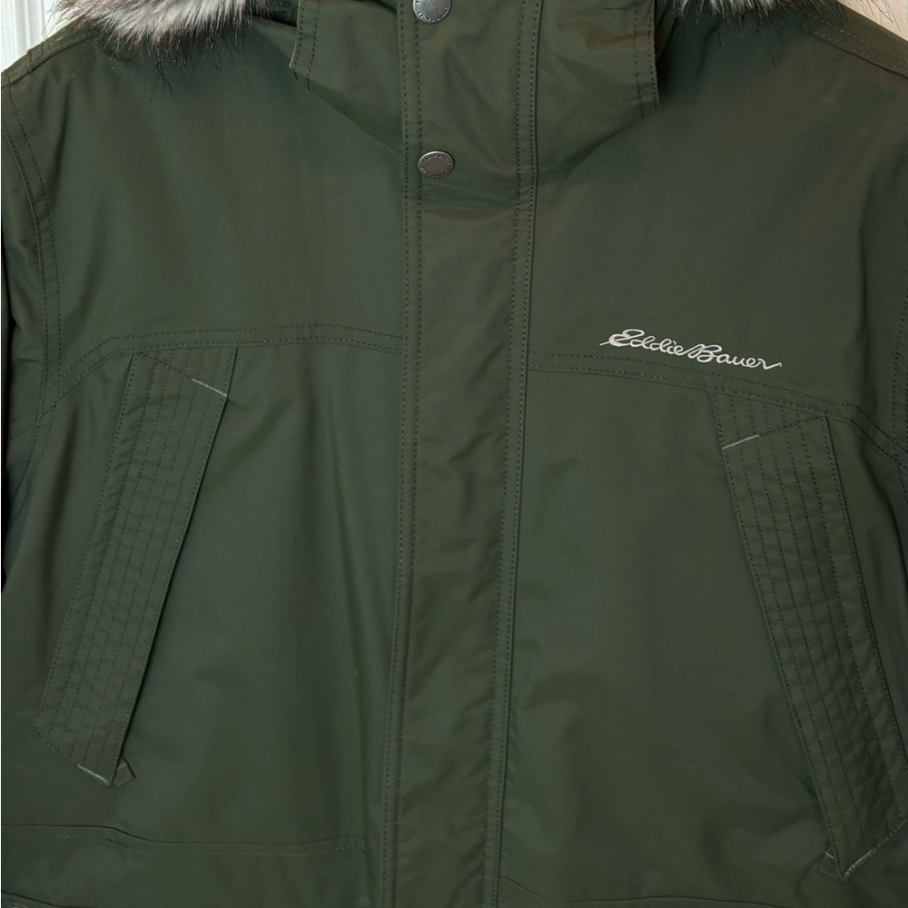 Eddie Bauer Men’s Superior Down Parka Jacket  Large Army Green  w Faux Fur Trim - Picture 12 of 17